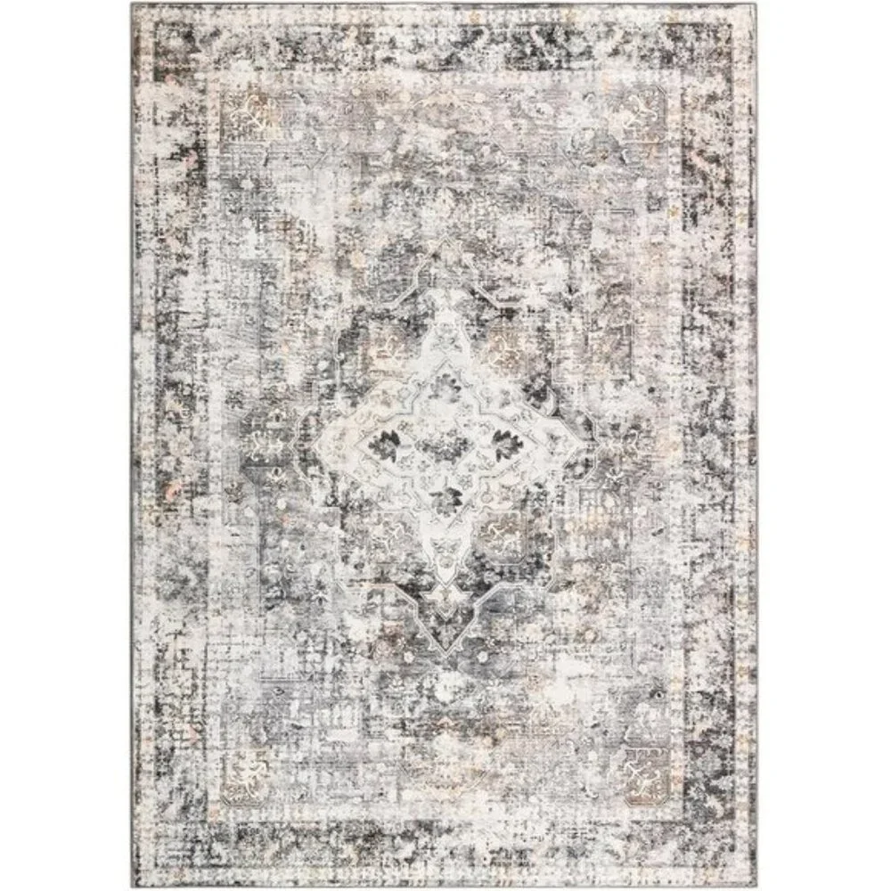 5x7 Gray Washable Area Rug, Vintage Floral Non-Slip Thin Carpet for Room Decor